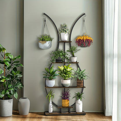 Vaasvormige Plantenstandaard – 5-Lagen Hoge Plantenplank met Metalen Frame en Haakjes – Indoor Plant Display voor Woonkamer, Balkon of Thuisdecoratie