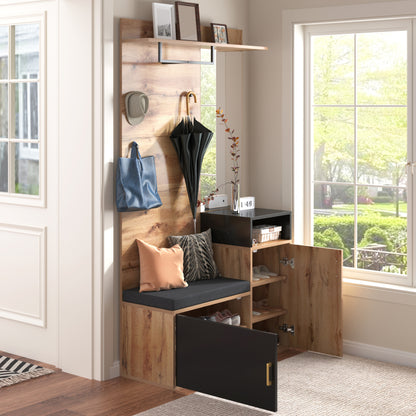 Wandgarderobe – Halmeubel – Schoenenkast – Kapstok – Opbergkast – Zwart MDF Met Houtaccenten – Spiegel – Schoenenbank – Ruimtebesparend Design – 191,5x105x40 cm