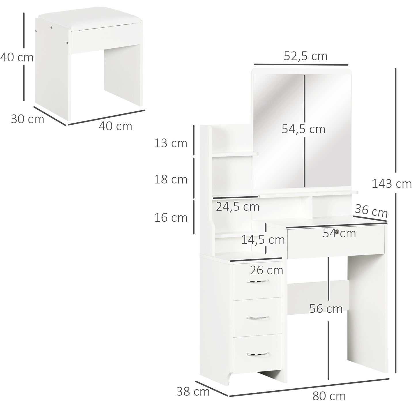 Kaptafel – Make-uptafel – Schminktafel – Dressing Table – Make-up Tafel – Grote Spiegel – 4 Laden & Opbergruimte – Anti-Kantel Design – Inclusief Gestoffeerde Kruk