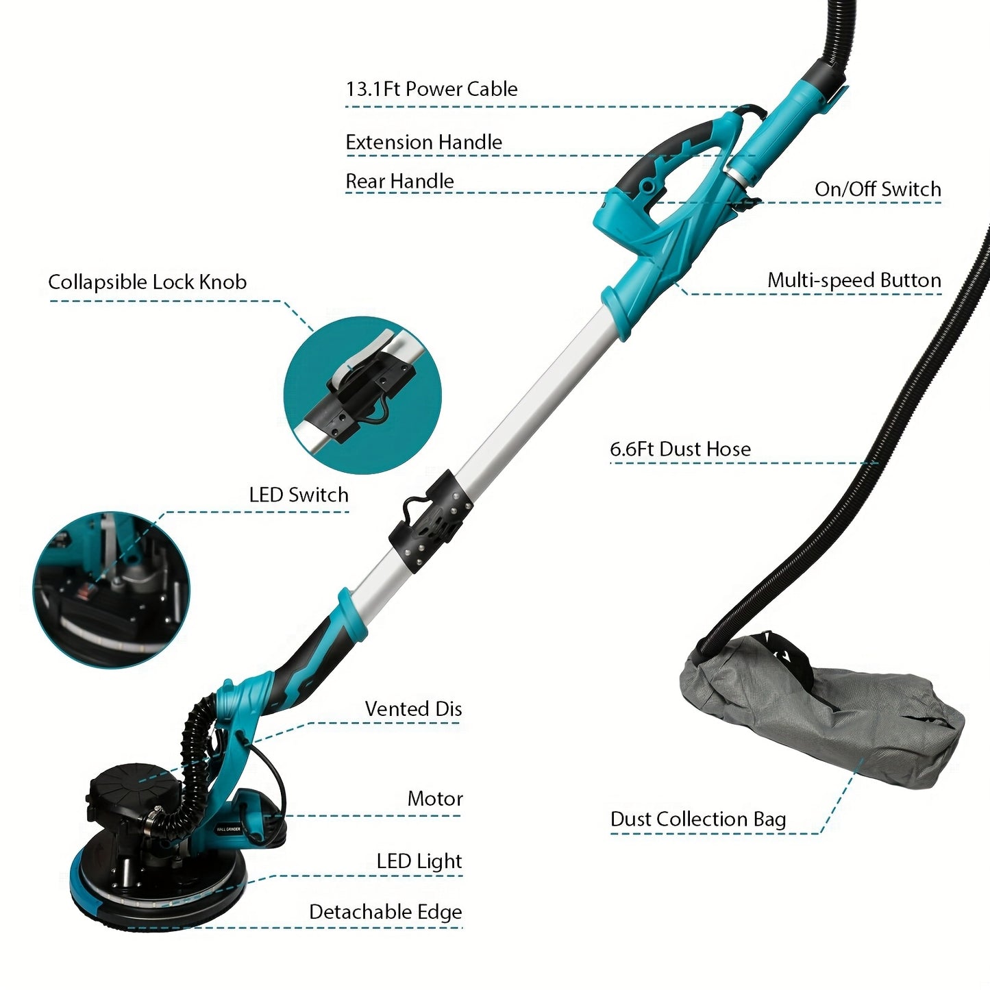 Gedeeltenschuurmachine – Drywall Sander – Wand- en Vloerschuurmachine – Multischuurmachine – Handpalmschuurmachine – Elektrisch – Incl. Stofafzuiging & LED-Verlichting – Verstelbare Opvouwbare Handgreep