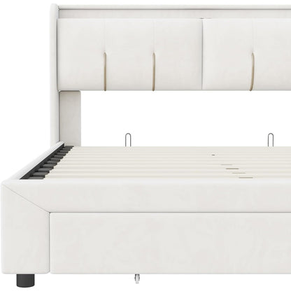 Tweepersoonsbed – Bed – Ledikant – Boxspring – Slaapbank – Gebroken Wit – 160x200 cm – Opbergruimte Hoofdbord – Geïntegreerde USB-poort & LED-sfeerverlichting