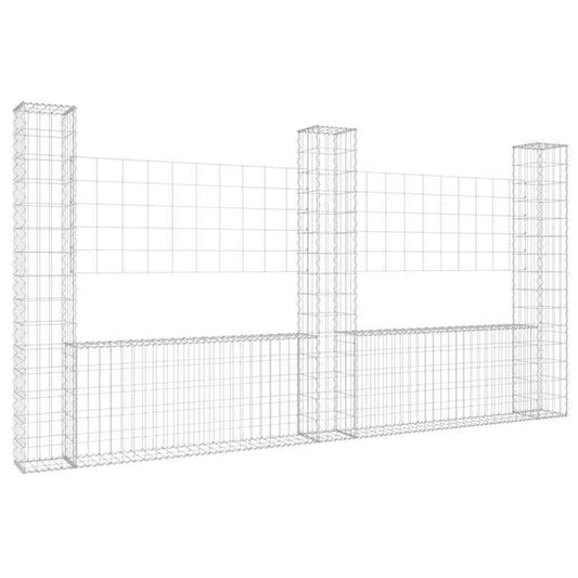 Tuinafscheiding – Tuinscherm – Buitenomheining – Privacy Scherm – Gabion Hek – U-vormig Met 3 IJzeren Palen – Stevig Metalen Materiaal – 260x20x150 cm