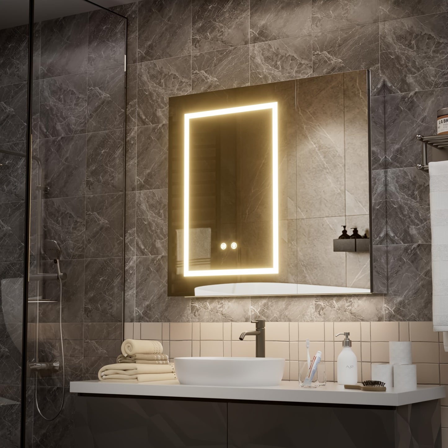 Badkamerspiegel – Spiegelkast – Wandkast – Spiegelwandkast – Opbergkast – Wit glazen oppervlak – Roestvrijstalen frame – 75x70x13 cm – Wandmontage – Geen elektriciteit nodig