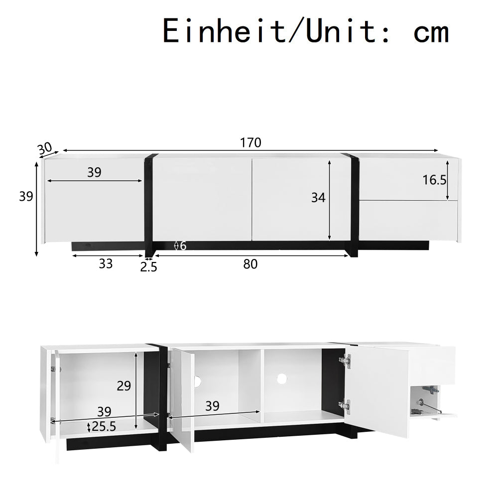 TV-meubel – Mediameubel – Tv-kast – Tv-dressoir – Wit hoogglans – Met Zwarte Poten – Veel Opbergruimte – Duurzame Niet-Houten Constructie