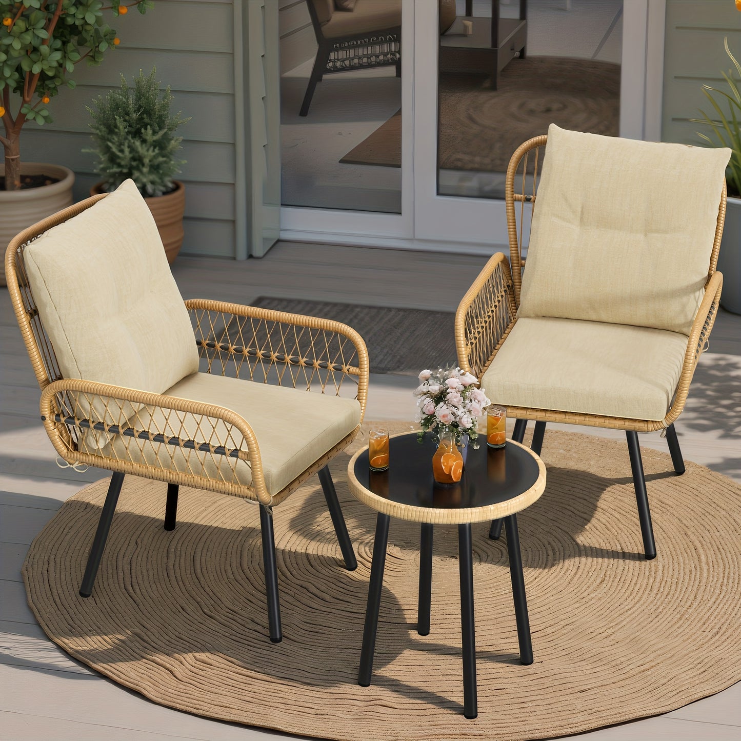 3-delige tuinset – tuinmeubelset – loungeset – bistroset – balkonset – weerbestendig rattan & metaal – afneembare kussens & krasbestendig tafelblad