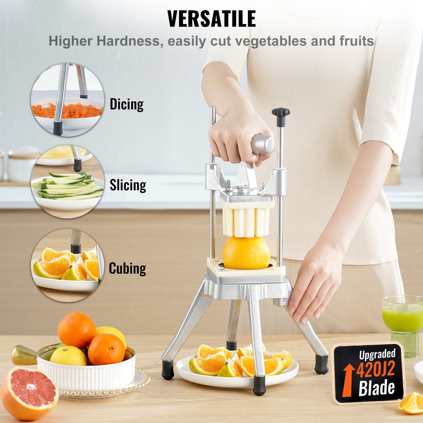 Groentesnijder – Keukensnijder – Mandoline – Uiensnijder – Fruitsnijder – Roestvrij Staal & Aluminium – 4 Verwisselbare Messen met 6-Partjes Snijfunctie
