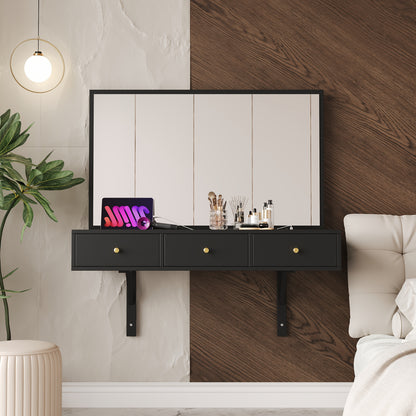 Kaptafel – Make-Up Tafel – Schminktisch – Toilettafel – Vanity Table – Mat Zwart – Compact Met Spiegel – 3 Laden Opbergruimte – Bamboe-Alternatief – Ingebouwde Bekerhouder