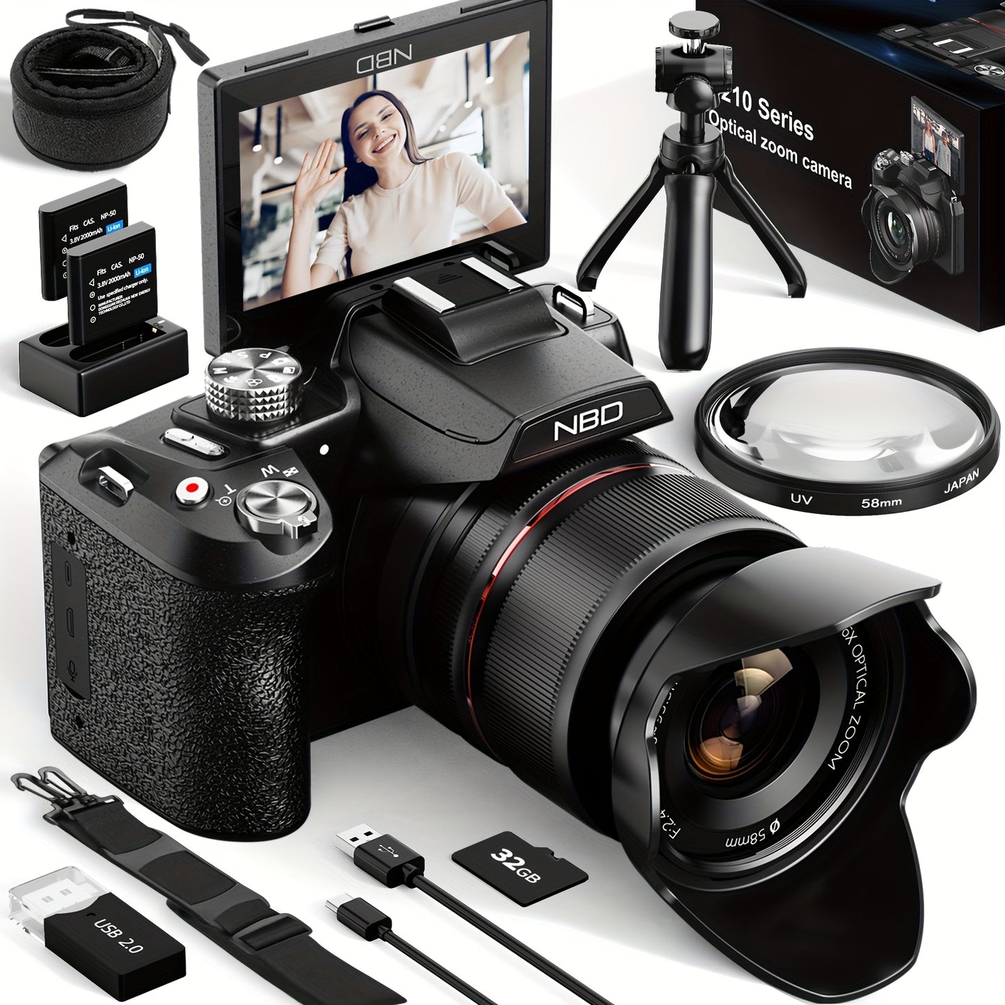 Digitale Camera – Vlogcamera – Fotocamera – Compact Camera – Zoomcamera – 64MP Sensor – 16x Optische Zoom – 180° Kantelbaar Scherm – WiFi & App-bediening – Zwart