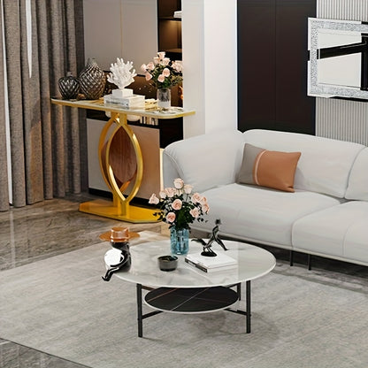 Salontafel – Bijzettafel – Woonkamertafel – Koffietafel – Accenttafel – Rond Design – Sintersteen Tafelblad – Zwart Metalen Frame – 2-Niveaus Opbergplank
