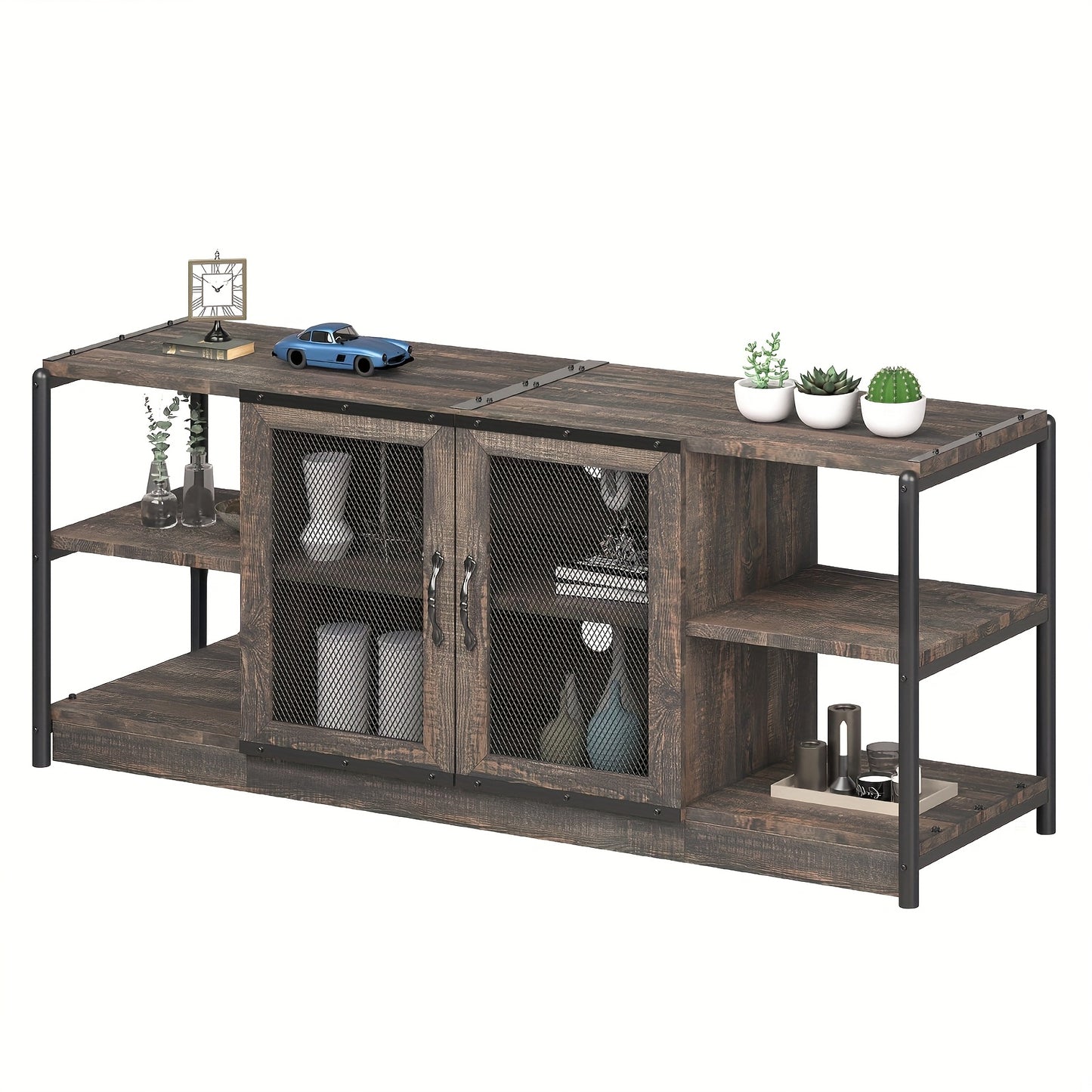 Heavy-Duty TV Stand for 65+ Inch TVs - Farmhouse Industrial Media Console with Storage Cabinet, Mesh Doors - Rustic Oak Entertainment Center - Sturdy Hardwood Construction - Living Room Furniture for Modern, Farmhouse, Apartm