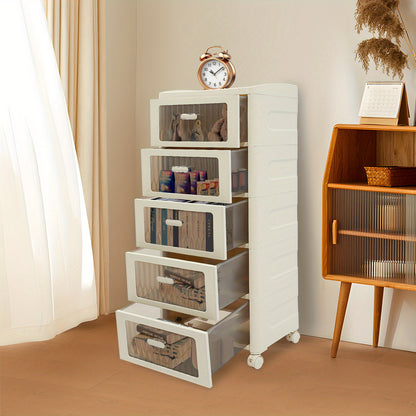 Opbergkast – Opbergbox – Ladenkast – Opbergrek – Organizer – 5 Laden – Wieltjes Met Rem – Compact 41,7x32x97 cm – Modern Wit Transparant – Stevig Lichtgewicht Plastic