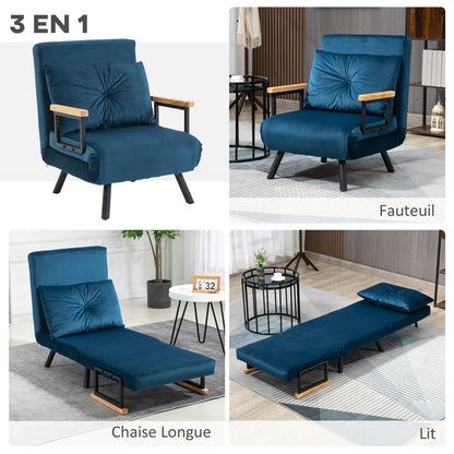 Slaapstoel – Slaapbank – Slaapfauteuil – Vouwbed – Logeerbed – Verstelbare Rugleuning 5 Standen – Fluwelen Bekleding Blauw