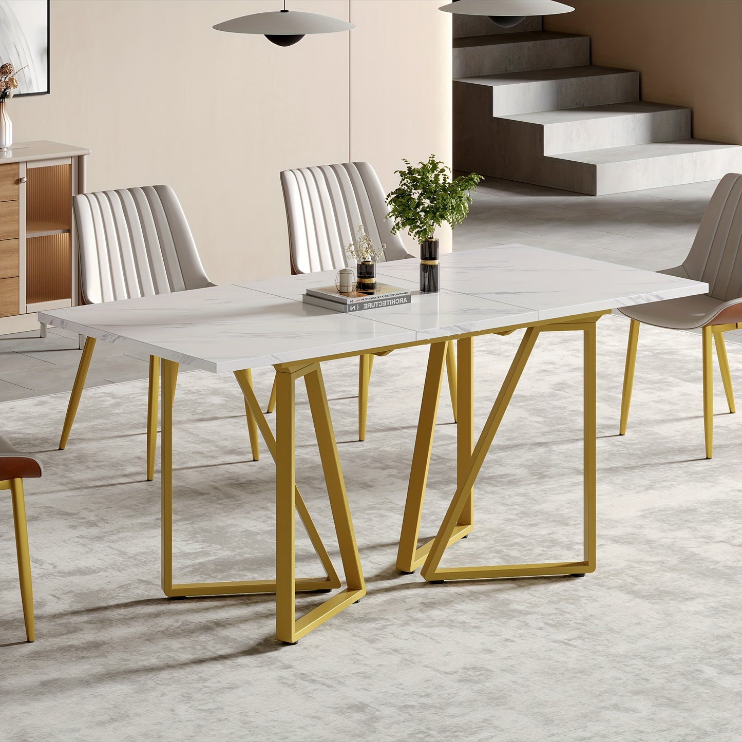 Eettafel – Dinertafel – Keukentafel – Uitschuifbare Tafel – Marmerlook Tafel – Wit Met Gouden Accenten – Verstelbare Poten – Uitschuifbaar Design