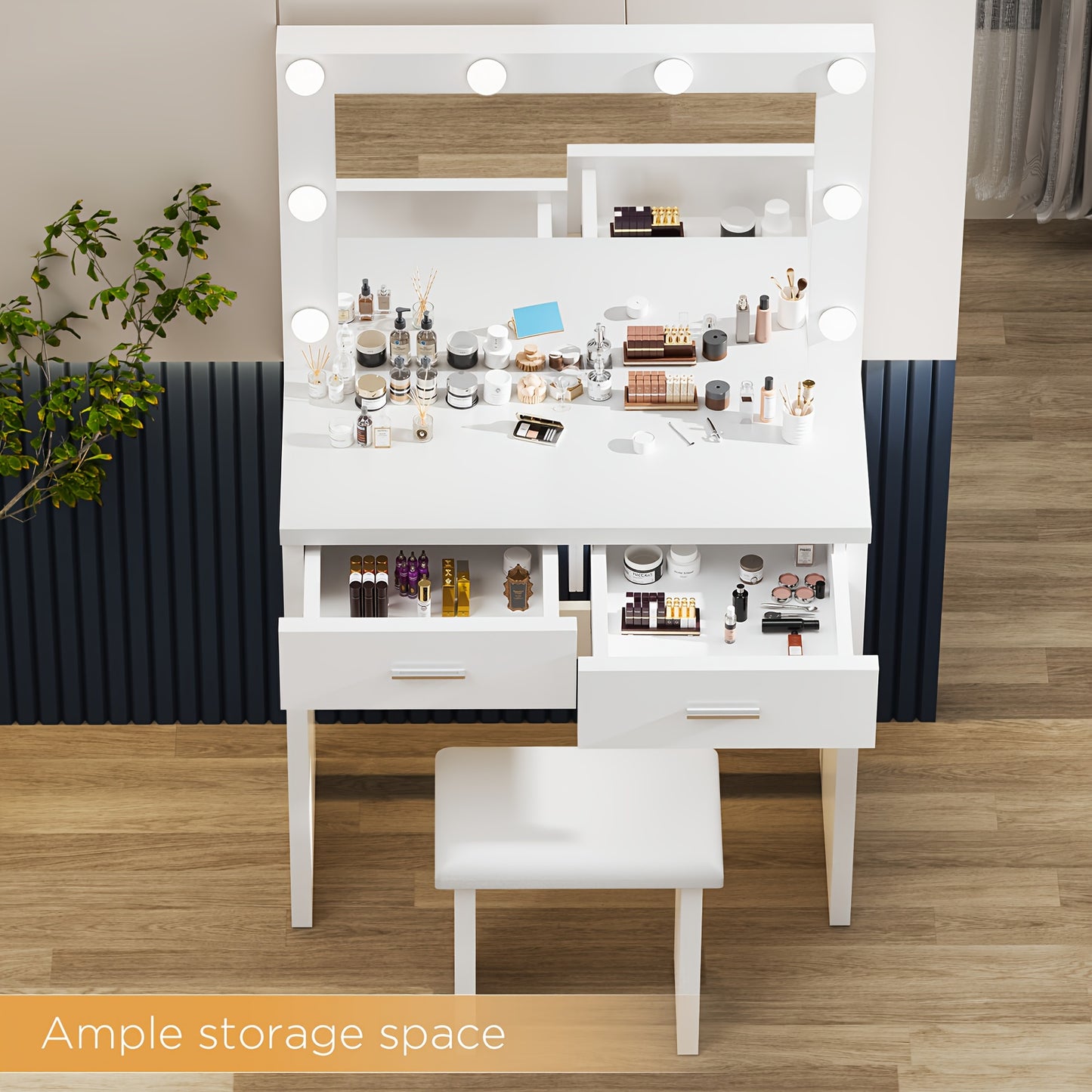 Kaptafel – Make-up Tafel – Opmaaktafel – Dresser – Cosmeticatafel – Wit – LED-Verlichting Verstelbaar – 2 Laden Opbergruimte