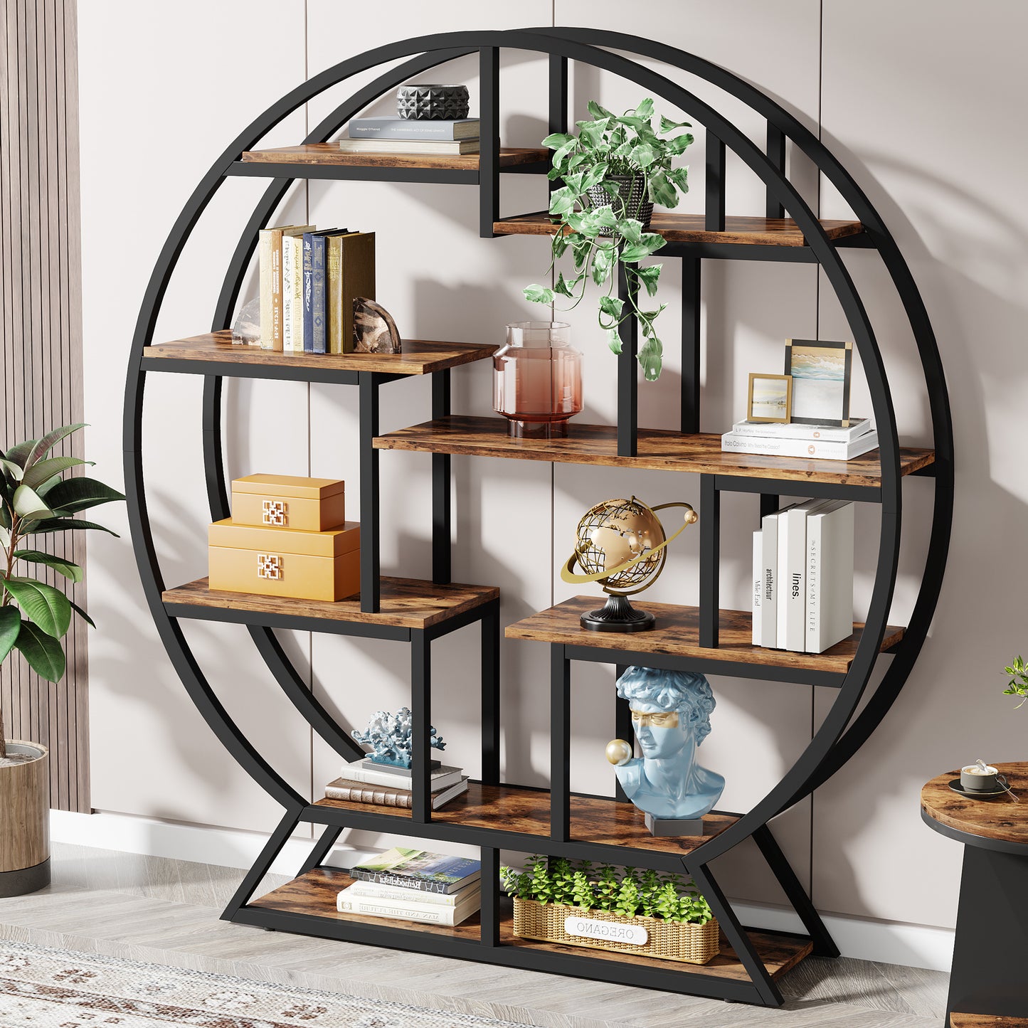 Boekenplank – Boekenkast – Wandrek – Opbergplank – Displayplank – Industrieel Design – 160 cm Hoog – Mat Zwart Metaal Met Bruine Spaanplaat