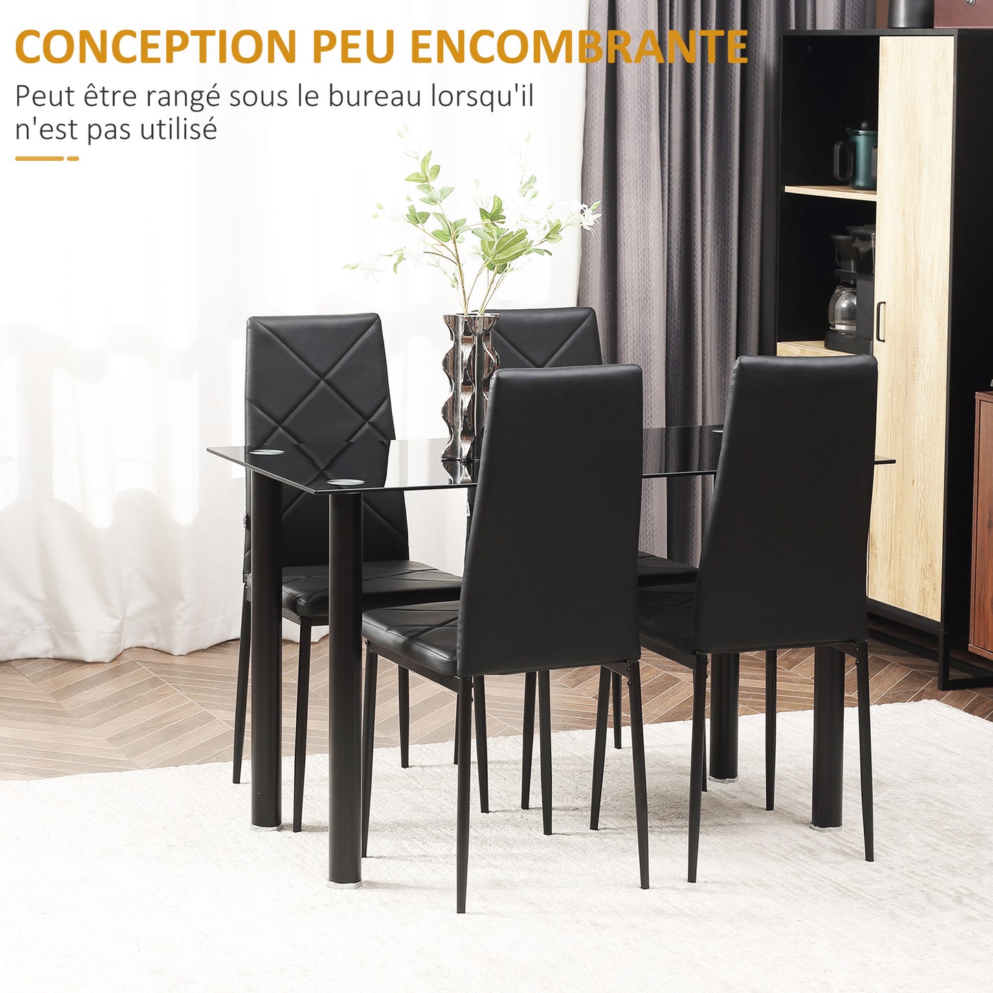 Eettafelset – Eethoek – Keukentafelset – Eettafel Met Stoelen – Zitgroep – Gehard Glas Tafelblad – Gepoedercoat Stalen Onderstel – Zwart