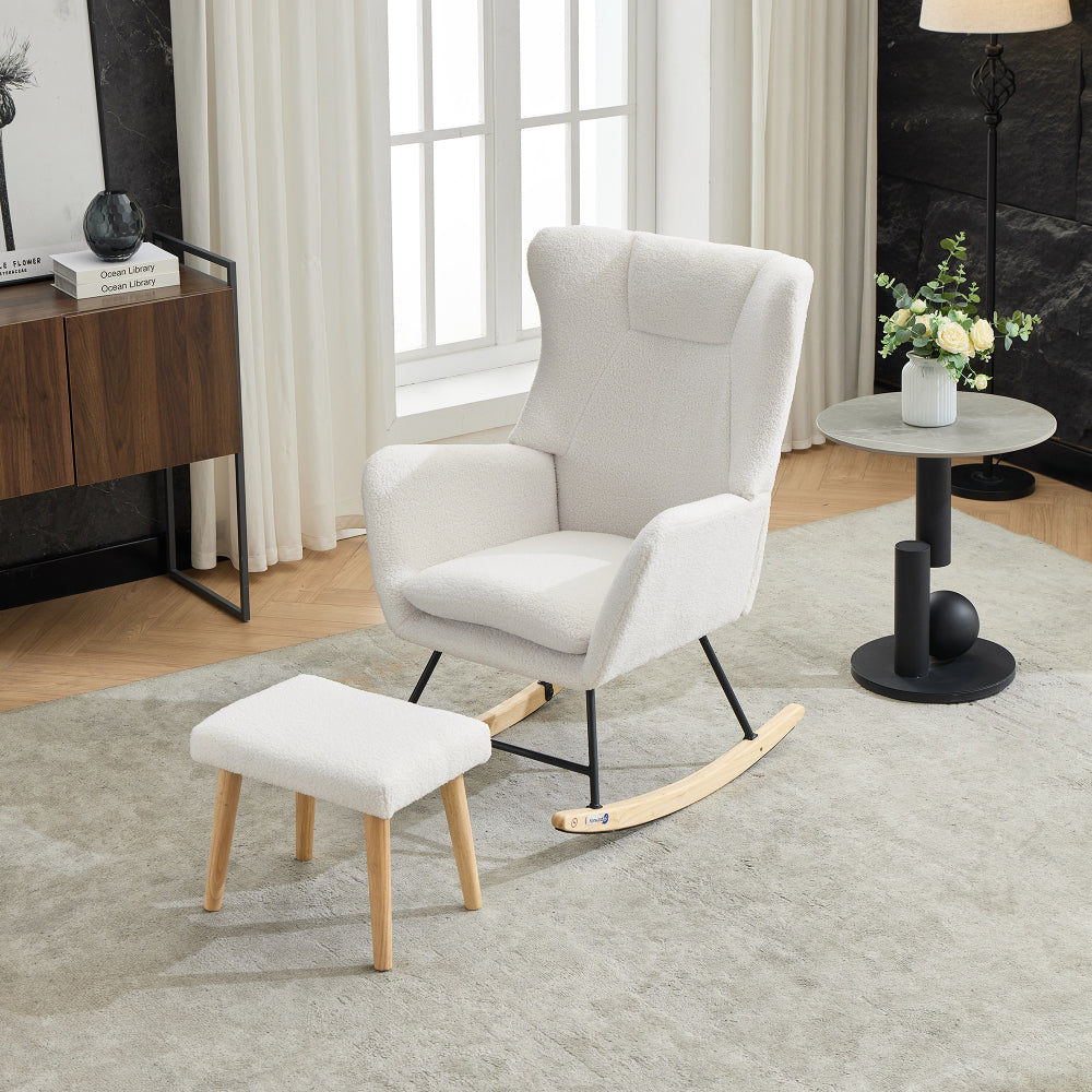 Ergonomic Rocking Chair with Footrest - Heavy-Duty Rubberwood Frame, 30-Degree Recliner, High-Back Lounge Chair with Removable Cushion - Sturdy Rocking Mechanism for Living Room, Home Office, Reading Nook - Easy Assembly & Sp