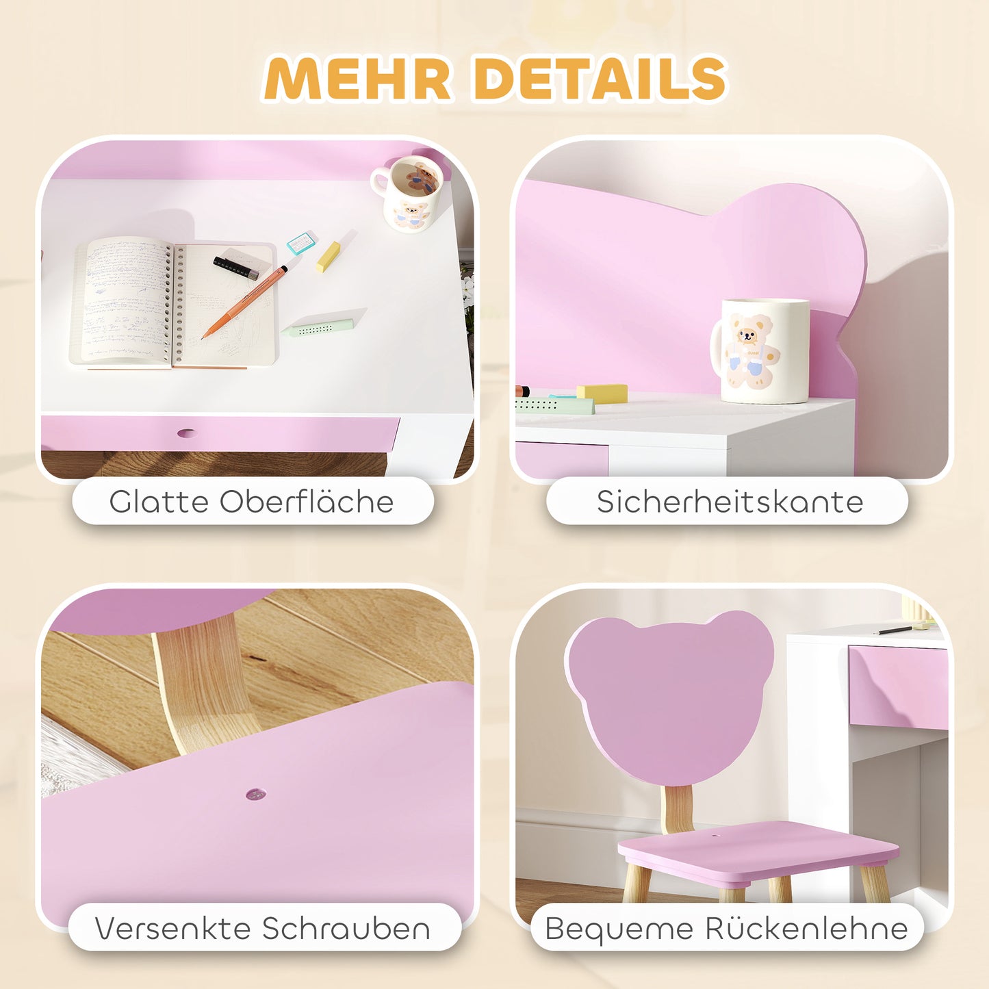 Bureau Kinderen – Kinderbureau – Schrijftafel – Speelbureau – Werkplek Kinderkamer – Inclusief Stoel – Veilig Met Lade – Beerprint Roze