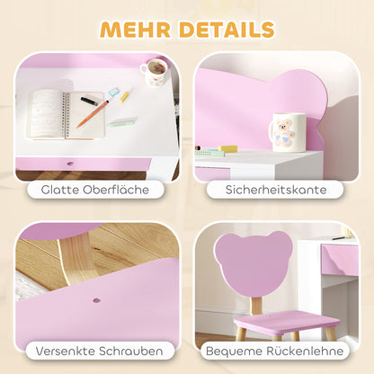 Bureau Kinderen – Kinderbureau – Schrijftafel – Speelbureau – Werkplek Kinderkamer – Inclusief Stoel – Veilig Met Lade – Beerprint Roze