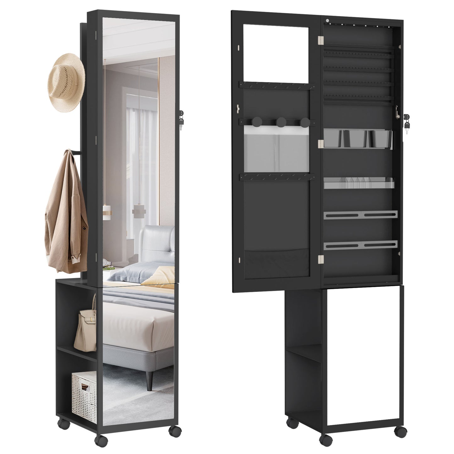 Sieradekast 3-in-1 – Make-upkast – Spiegelkast – Opbergkast – Jewelry Organizer – Zwart – Volledige Spiegel – Afsluitbaar Met Slot – Robuust MDF – Wieltjes Voor Mobiel Gebruik