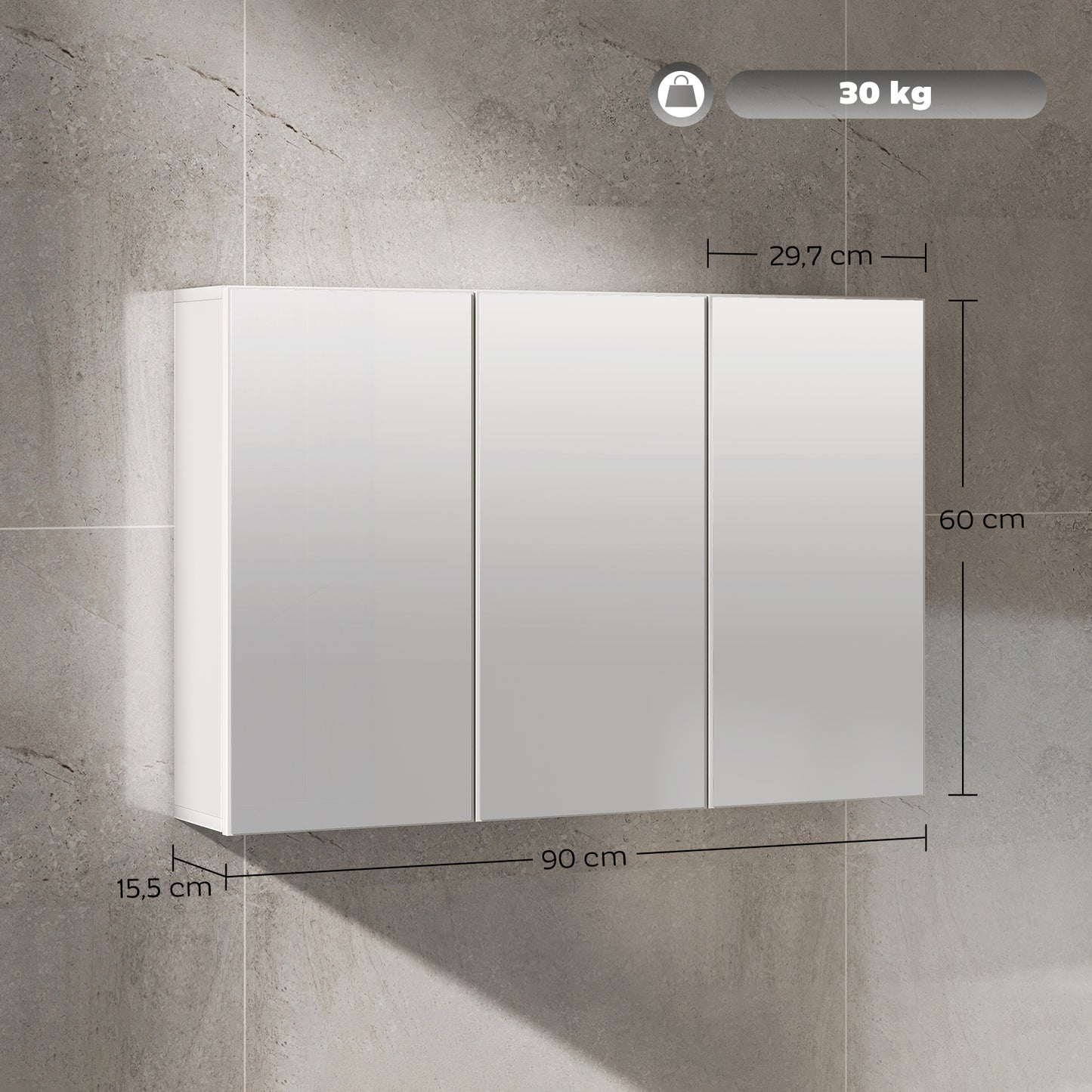 Badkamerkast – Spiegelkast – Medicijnkast – Wandkast – Opbergkast – 3 Spiegeldeuren – Wandmontage – 90x15,5x60 cm – Wit Spaanplaat