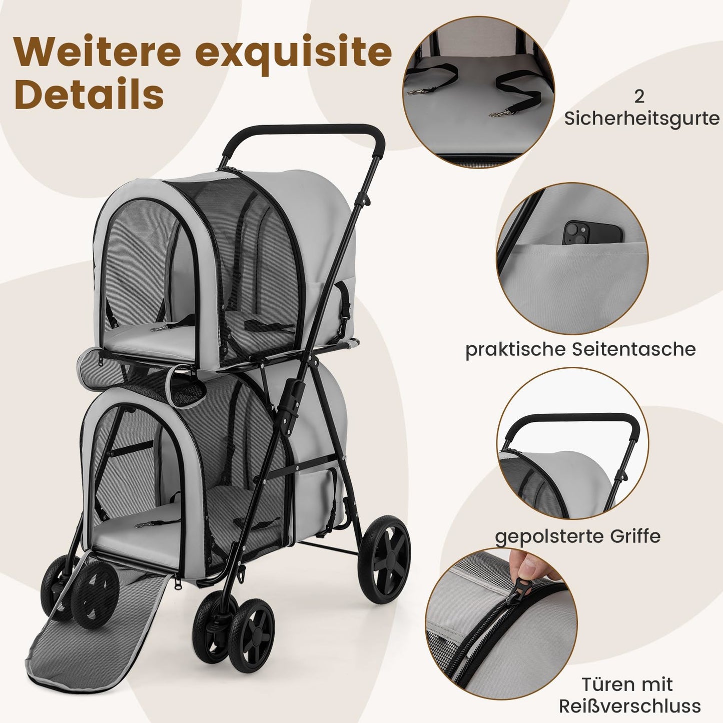 2-laagse Opvouwbare Diertrolley – Huisdier Buggy – Transportkar – Wandelwagen – Draagtas – Ruim 2-laags Ontwerp – Schokabsorberende EVA-Wielen – Grijs