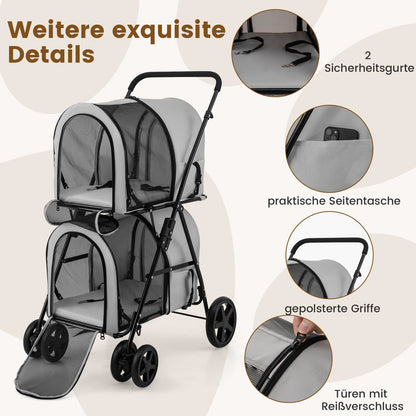 2-laagse Opvouwbare Diertrolley – Huisdier Buggy – Transportkar – Wandelwagen – Draagtas – Ruim 2-laags Ontwerp – Schokabsorberende EVA-Wielen – Grijs