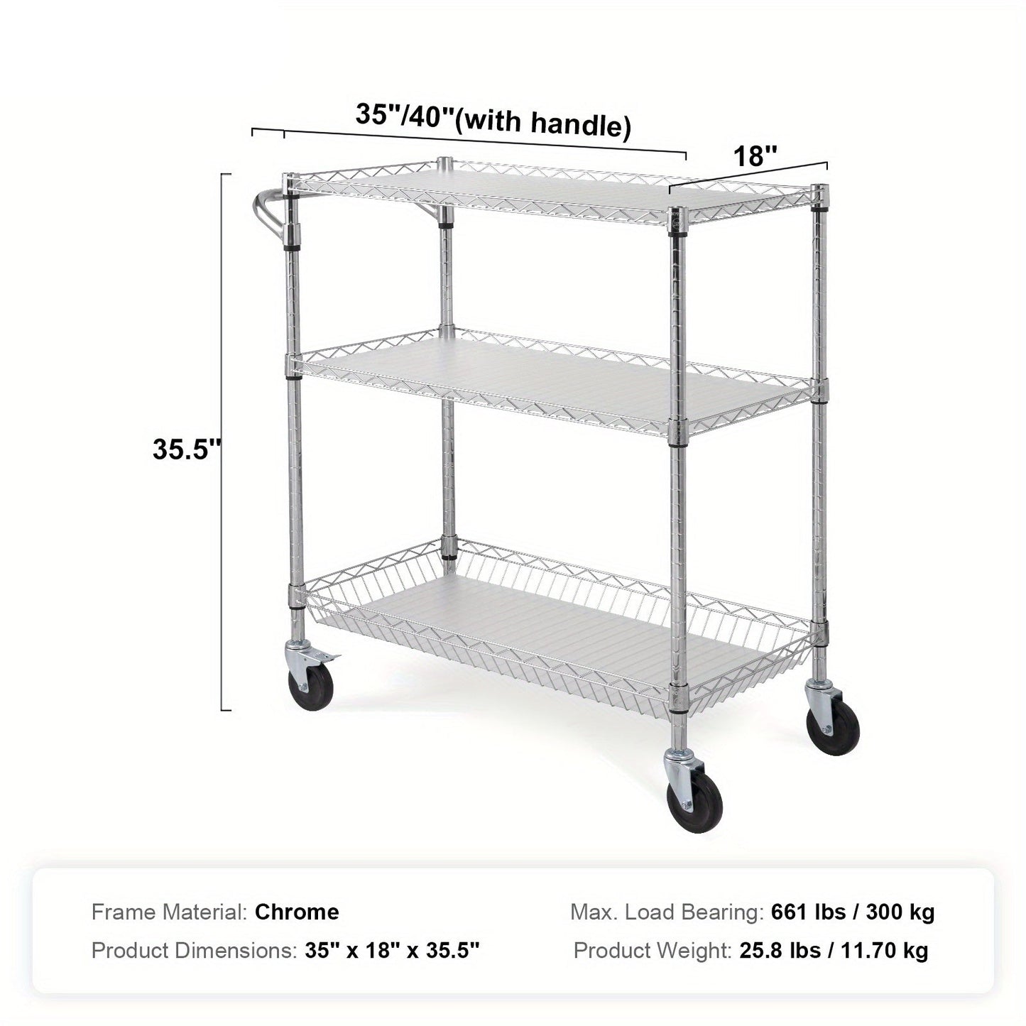 Keukentrolley – Serveerwagen – Opbergwagen – Keukenwagen – Rolwagen – 3 Lagen Carbonstaal – 300 kg Draagkracht – 76x46x82 cm