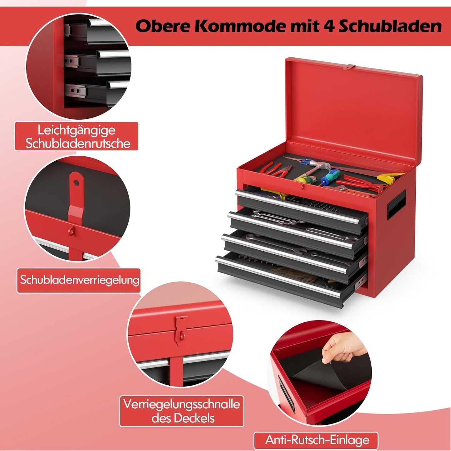Gereedschapswagen – Werkplaatswagen – Toolcart – Mobiele Gereedschapskar – Werkbank Op Wielen – 2-in-1 Afneembare Bovenkast – 8 Vakken Met Verstelbare Planken – 100 Kg Draagkracht – Metaal Zwart-Rood