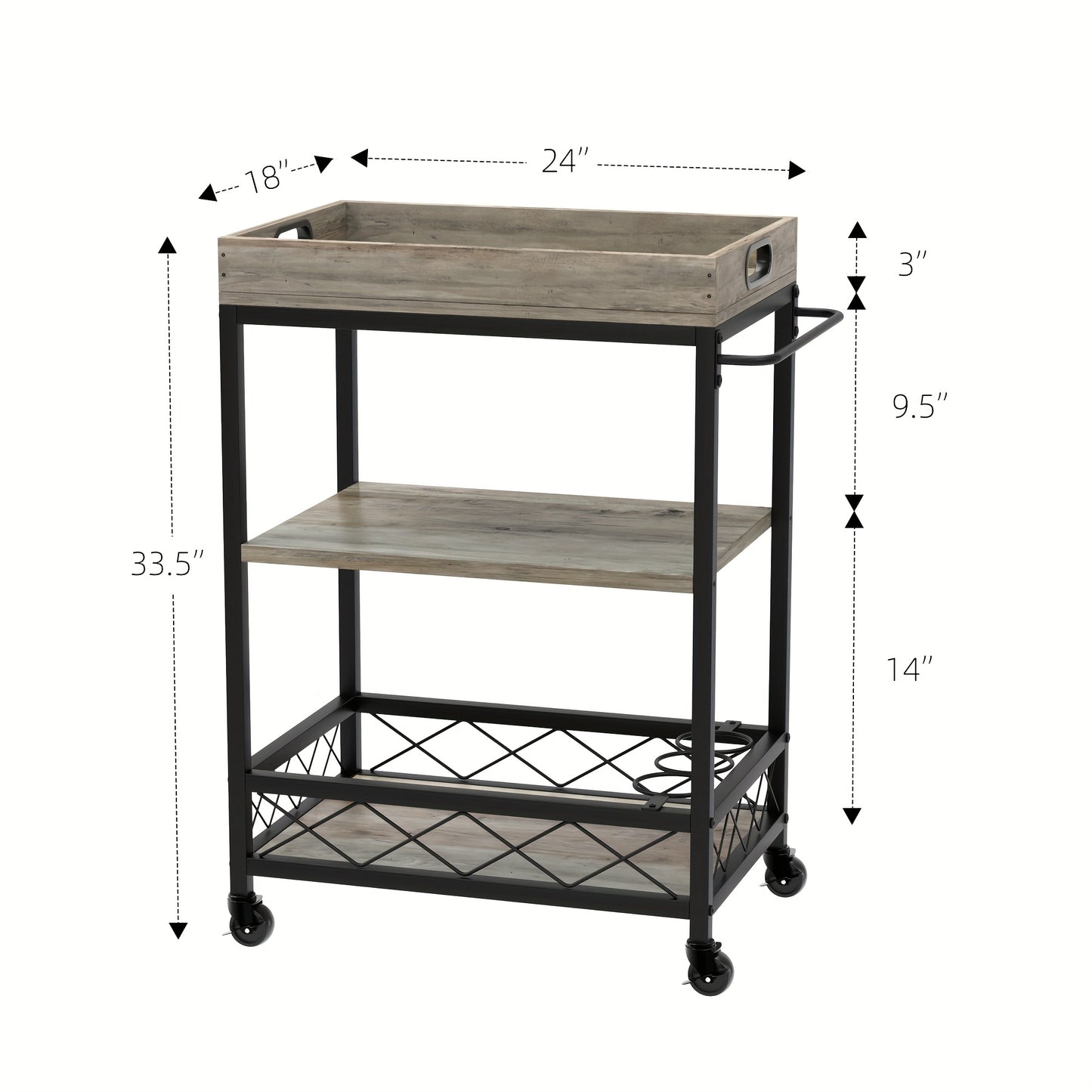 Barwagen – Serveerwagen – Trolley – Wijnwagen – Drankwagen – 3 Lagen – Vintage Industrieel Design – Hout Metaal – Wijnrek – Afneembare Bovenste Tray – Mobiel & Ruim