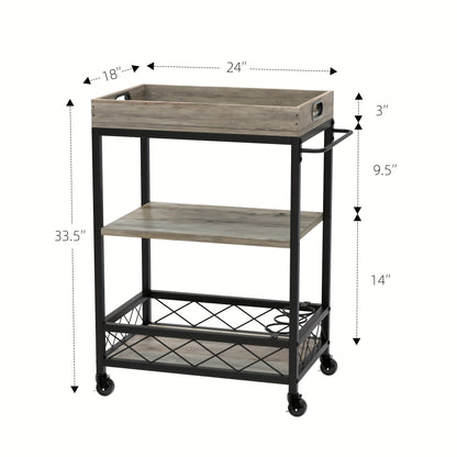 Barwagen – Serveerwagen – Trolley – Wijnwagen – Drankwagen – 3 Lagen – Vintage Industrieel Design – Hout Metaal – Wijnrek – Afneembare Bovenste Tray – Mobiel & Ruim