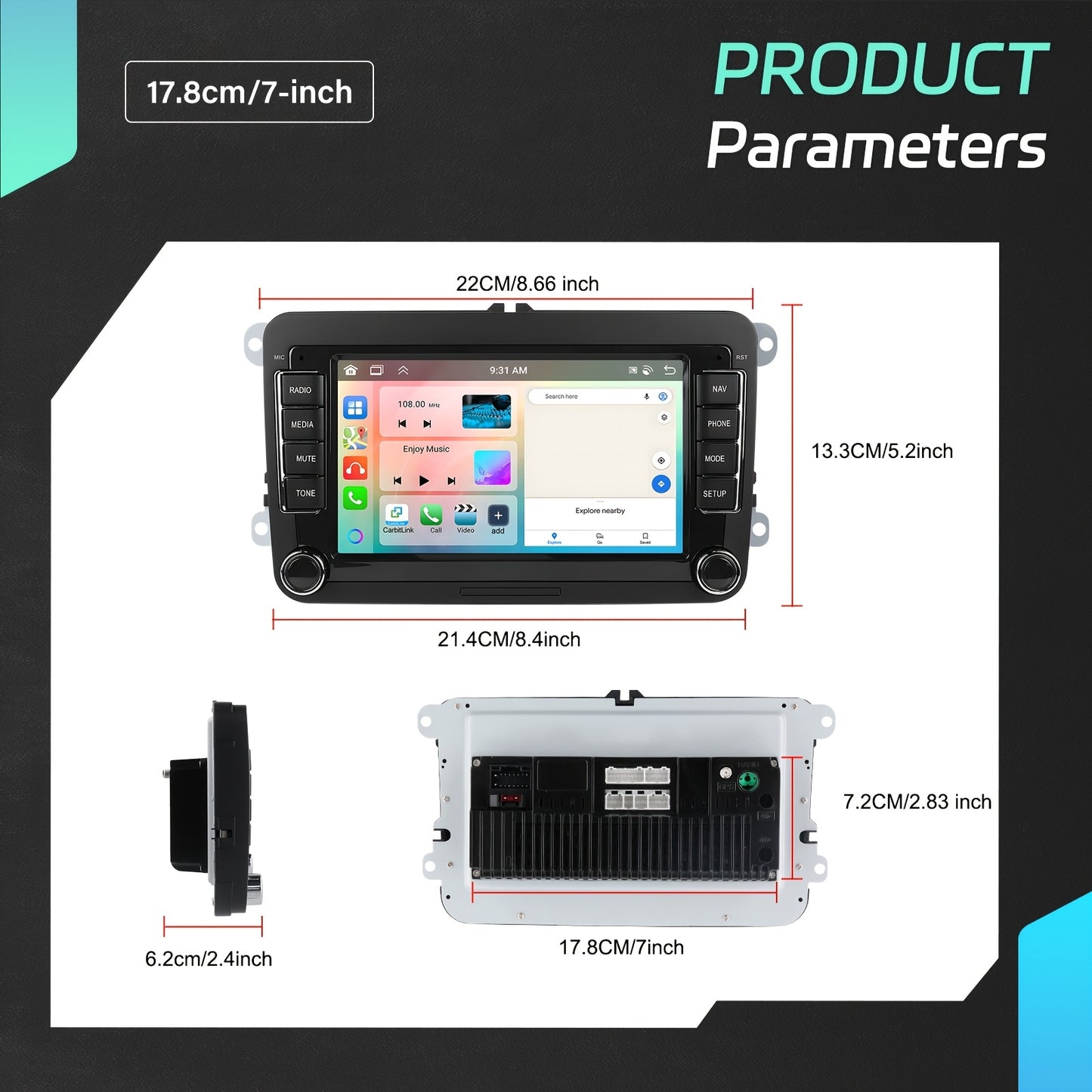 Car Multimedia Systeem – Auto Radio – Double Din Stereo – Android Headunit – Navigatiesysteem – 7 Inch HD Touchscreen – Android 15 OS – Wireless CarPlay & Android Auto – 6GB RAM 128GB Opslag