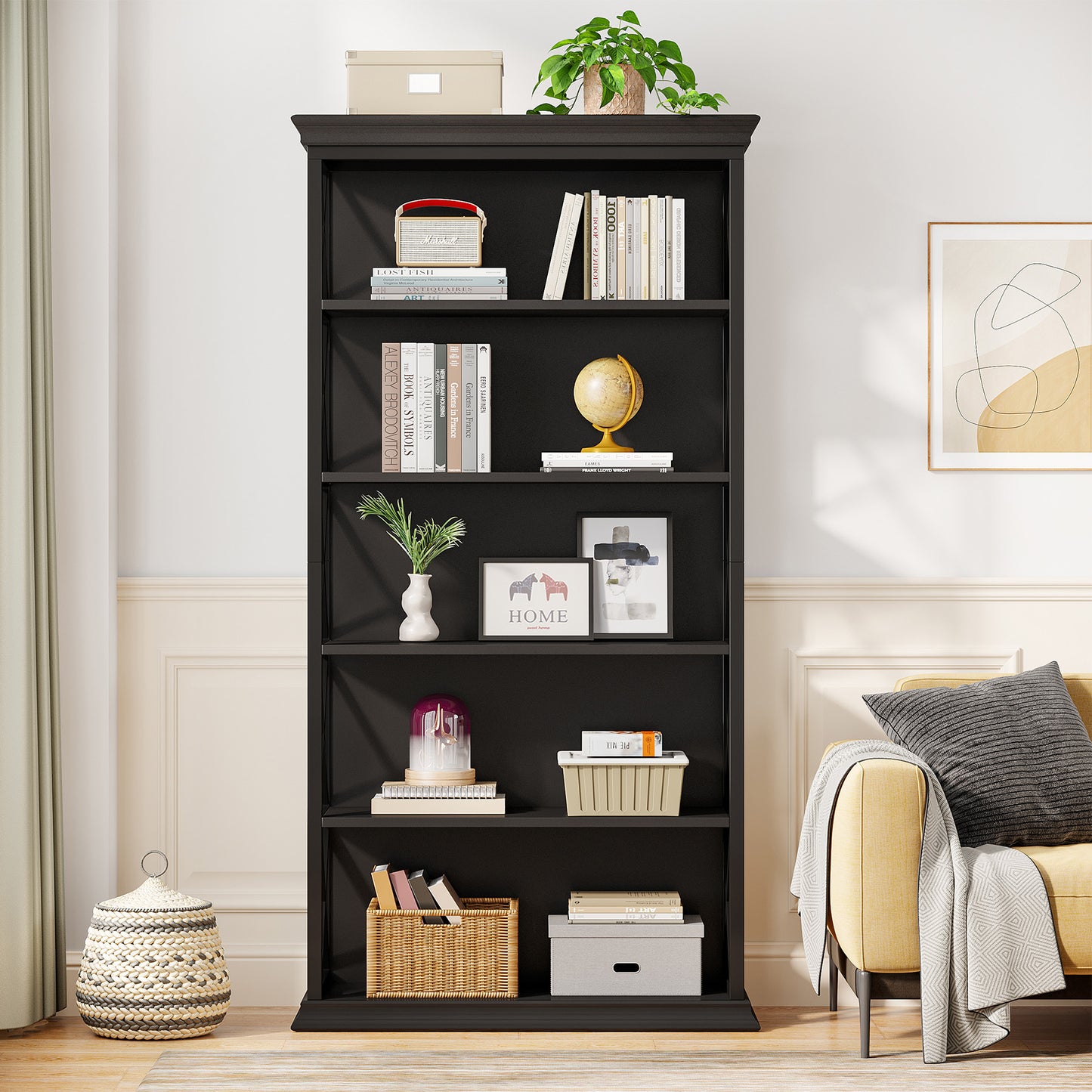 Boekenkast – Boekenplank – Vakkenkast – Opbergkast – Stellingkast – Zwart – 5 Laags – Massief Hout Met Metaal – Open Achterkant – Stevig & Compact