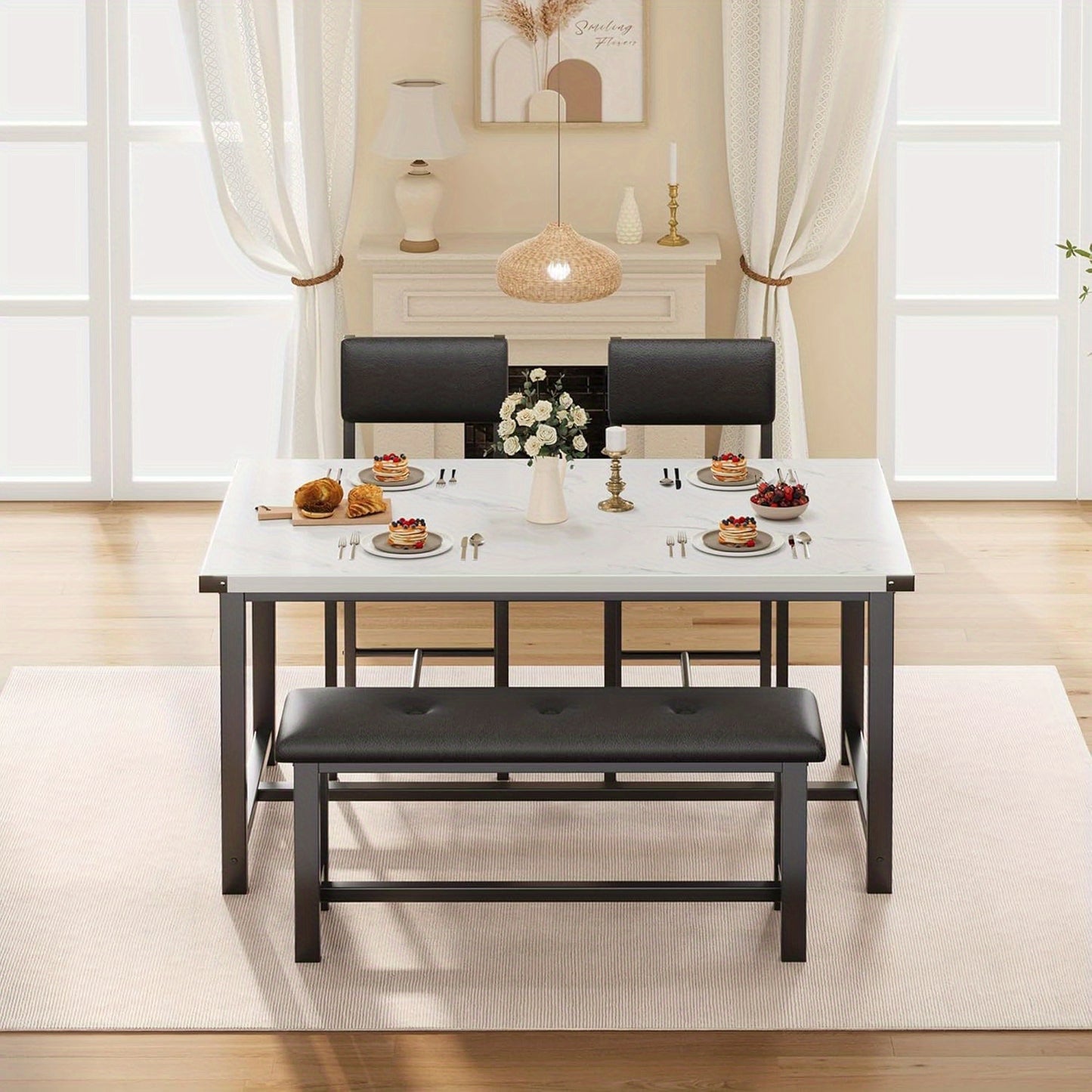 Eettafelset – Eettafel – Stoelenset – Bank – Tafel met Stoelen – Wit Kunstmarmer Blad – Compact 4-Zits – Duurzaam Houten Frame