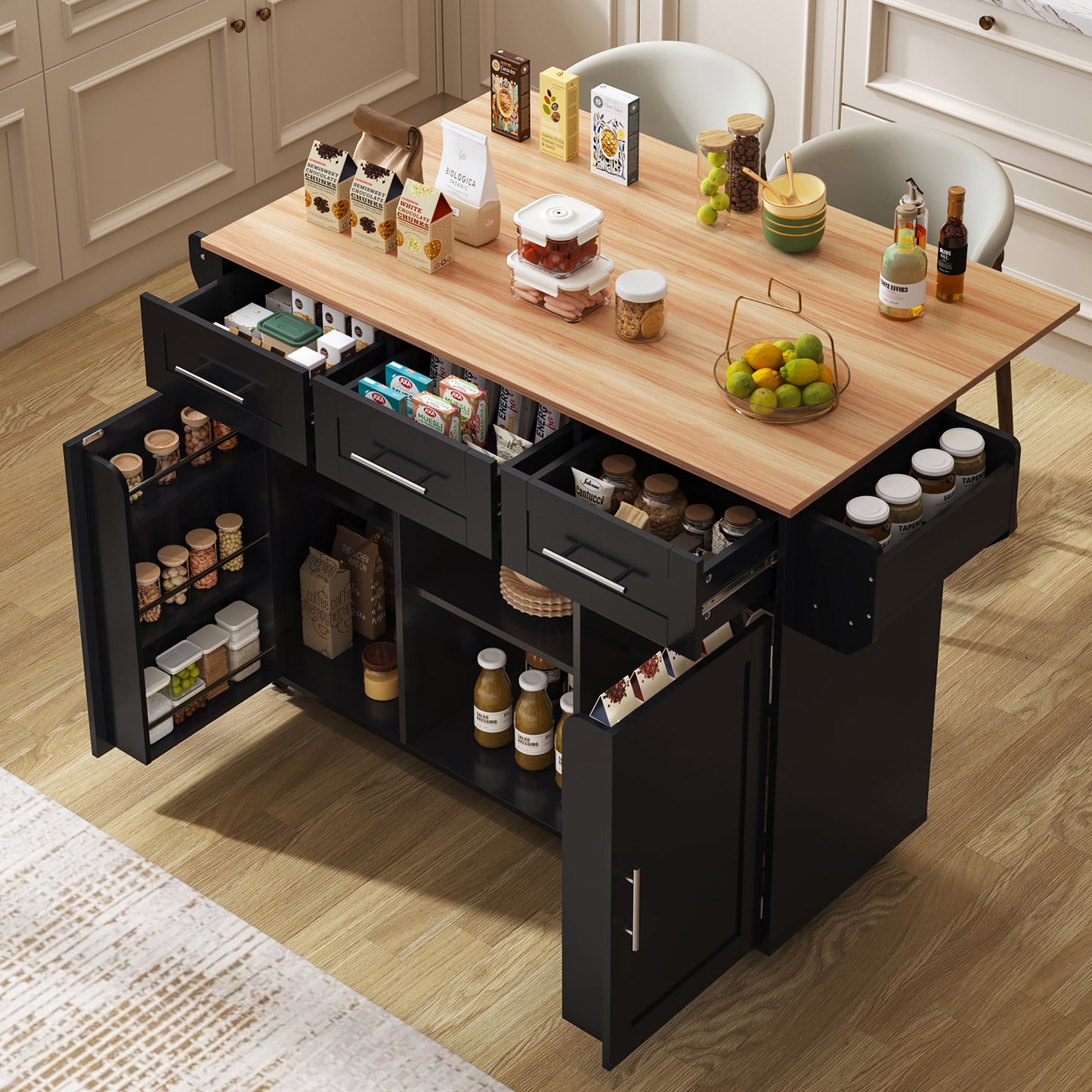 Keukenwagen – Keukentrolley – Servierwagen – Keukenkar – Rolkast – Uitklapbaar Werkblad – Houtlook Blad – 139x46(71)x91,5 cm – Met Laden en Verstelbare Planken – Mobiel en Vast Plaatsbaar – Zwart Met Houten Poten