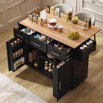 Keukenwagen – Keukentrolley – Servierwagen – Keukenkar – Rolkast – Uitklapbaar Werkblad – Houtlook Blad – 139x46(71)x91,5 cm – Met Laden en Verstelbare Planken – Mobiel en Vast Plaatsbaar – Zwart Met Houten Poten