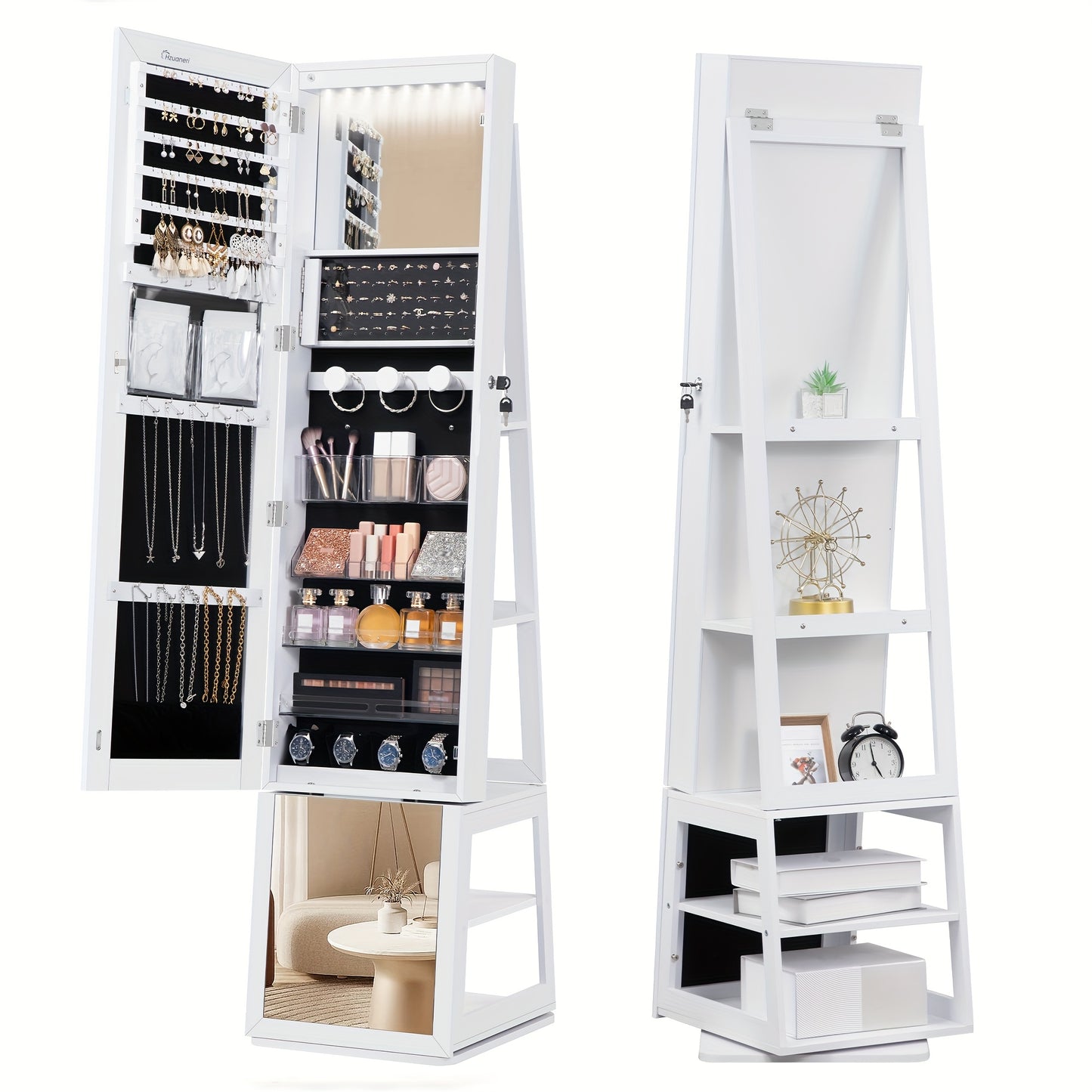 Mirror Jewellery Cabinet, Standing Jewellery Organiser with 360° Rotating Base, Full Length Lockable Mirror, Large 4-Tier Storage Compartments, 4-in-1 Multifunctional, White, Jewelry Armoires - QUORE