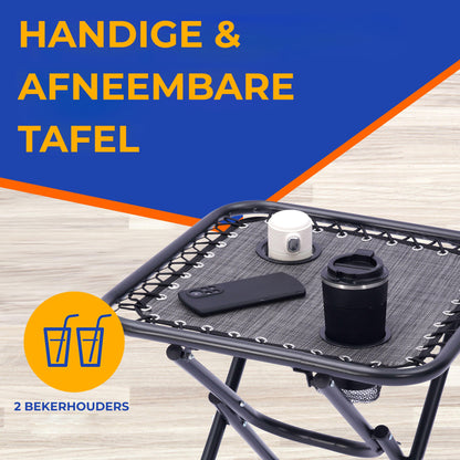 Loungestoel – Fauteuil – Relaxstoel – Tuinstoel – Verstelbare Stoel – Set van 2 – Weerbestendig Staal – Inclusief Bijzettafel met Bekerhouders