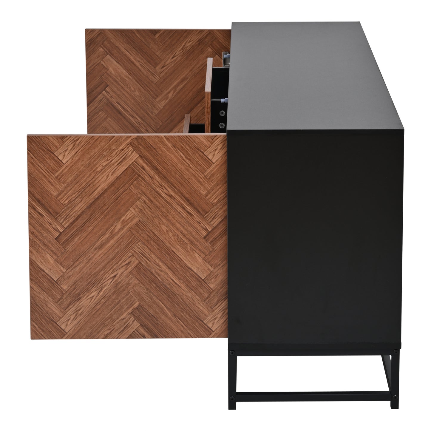Sideboard – Dressoir – Opbergkast – Kast – Bufetkast – Modern Design – 145x40x67 cm – Zwarte Metalen Frame – Houten Look – 3 Lades – 2 Deuren – Verstelbare Binnenwanden – Stabiel – Onderhoudsvriendelijk