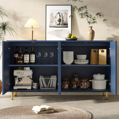 Opbergkast – Kast – Bergkast – Dressoir – Vitrinekast – Donkerblauw Met Gouden Accenten – Verticale Deuren – Stevige Metalen Poot – Hardhouten MDF – 140x40x85 cm