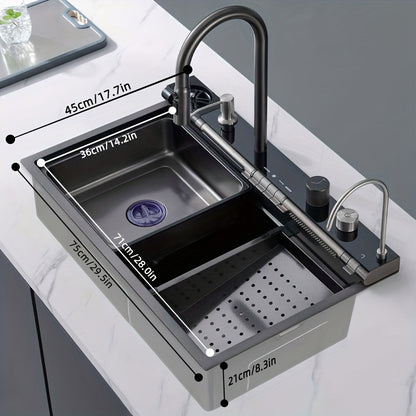 Keukenkraan – Keukenmengkraan – Uittrekbare Kraan – Spoelkraan – Mengkraan – Roestvrijstaal – Gunmetal Grijs – 75x45 cm Grote Enkele Kom – Digitale Waterstanden Met Pull-down Kraan