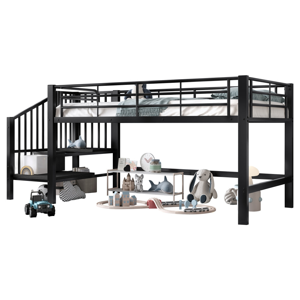 Hoogslaper – Bedframe – Mid-hoogslaper – Stapelbed – Kinderbed – 90x200 cm – Zwarte Opbergladder – Ruimtebesparend Design