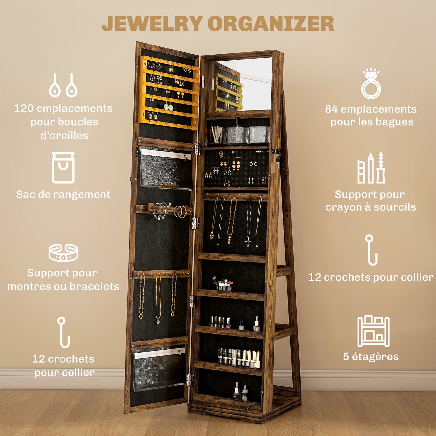 Draaibare Sieradekast – Sieradenkast – Sieradenbox – Jewelry Armoire – Sieradenkistje – Met Spiegel – Lockbaar – Compacte Opbergruimte Chestnut