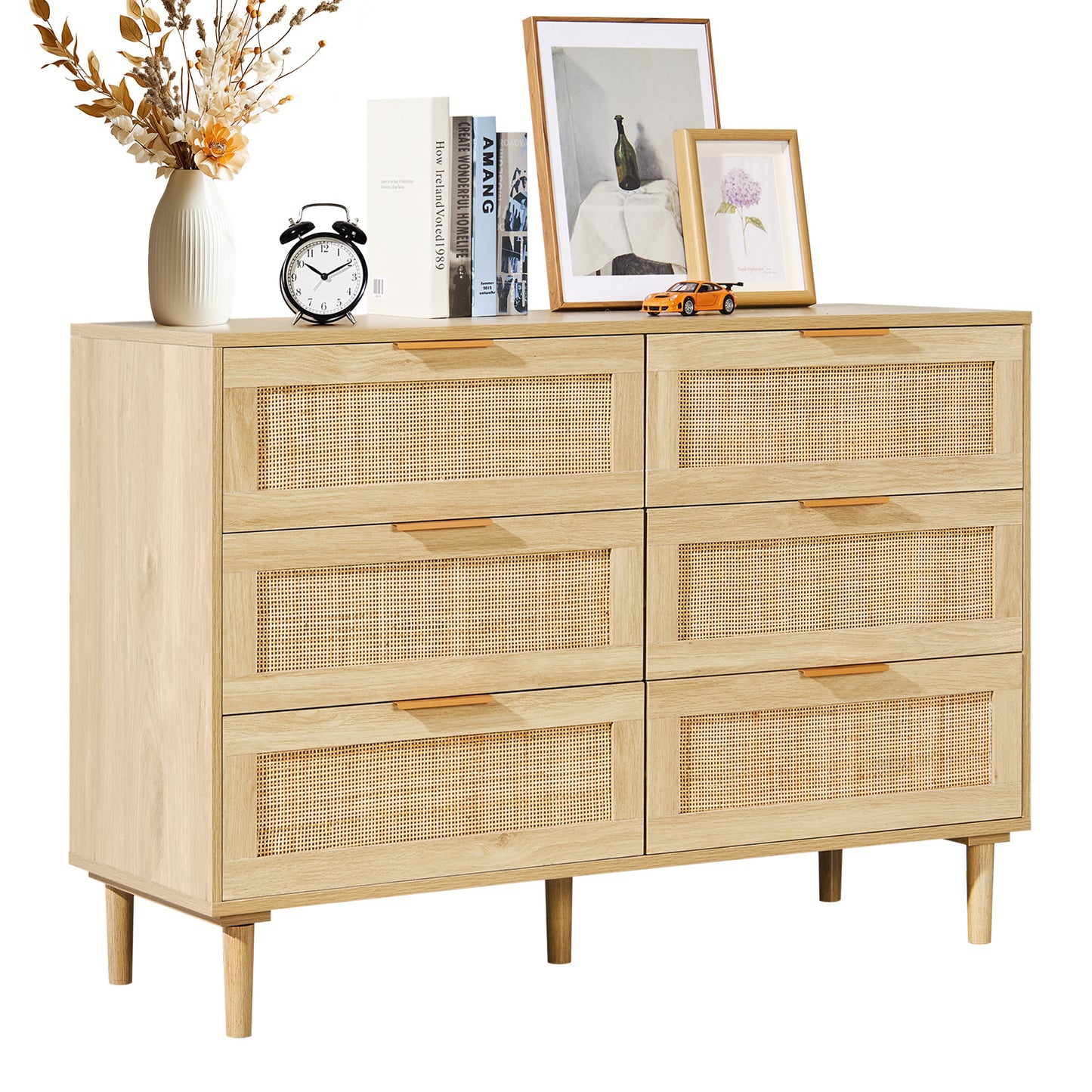 Rattan Commode – Ladekast – Kast – Dressoir – Opbergkast – Naturel Hout – 6 Ruime Lades Met Duurzaam Rattan En Anti-Omvalbeveiliging