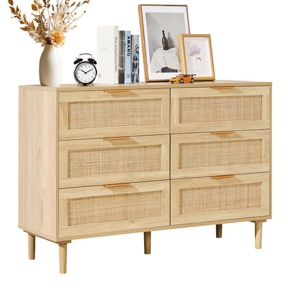 Rattan Commode – Ladekast – Kast – Dressoir – Opbergkast – Naturel Hout – 6 Ruime Lades Met Duurzaam Rattan En Anti-Omvalbeveiliging