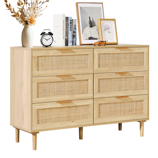 Rattan Commode – Ladekast – Kast – Dressoir – Opbergkast – Naturel Hout – 6 Ruime Lades Met Duurzaam Rattan En Anti-Omvalbeveiliging