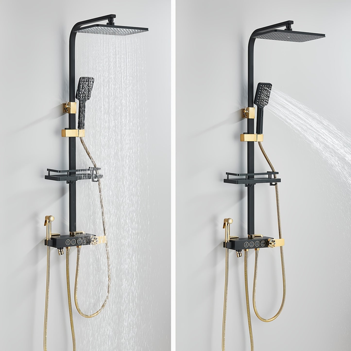 Regendouche – Douchesysteem – Douchekop – Handdouche – Waterval Douche – Zwart-Gouden Afwerking – Messing Materiaal – Thermostatische Mengkraan
