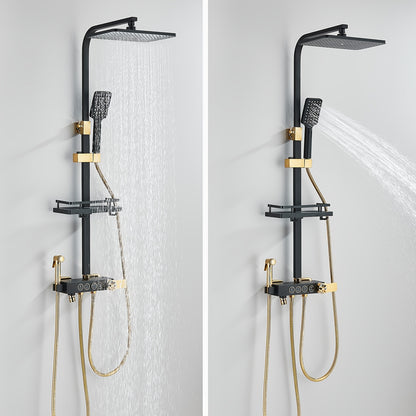 Regendouche – Douchesysteem – Douchekop – Handdouche – Waterval Douche – Zwart-Gouden Afwerking – Messing Materiaal – Thermostatische Mengkraan