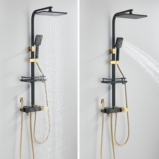 Regendouche – Douchesysteem – Douchekop – Handdouche – Waterval Douche – Zwart-Gouden Afwerking – Messing Materiaal – Thermostatische Mengkraan