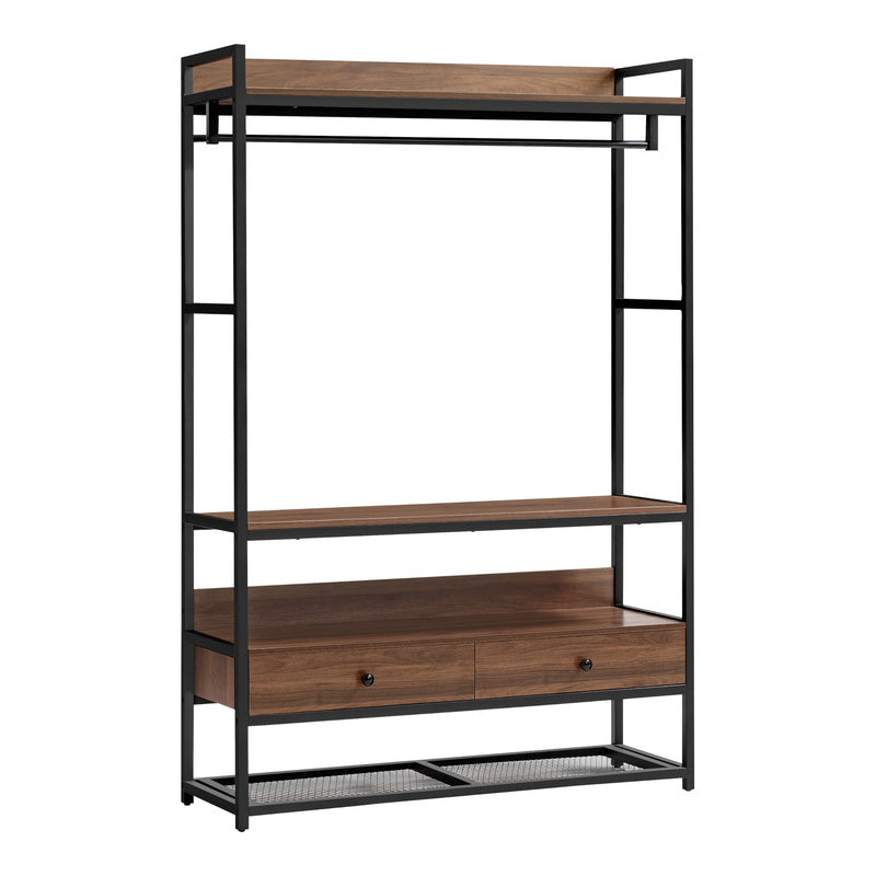 Garderobestand – Kledingrek – Kapstok – Schoenenrek – Opbergmeubel – Metalen Frame – Walnoot Look – 4 Planken – 2 Lades – 180x120x40 cm